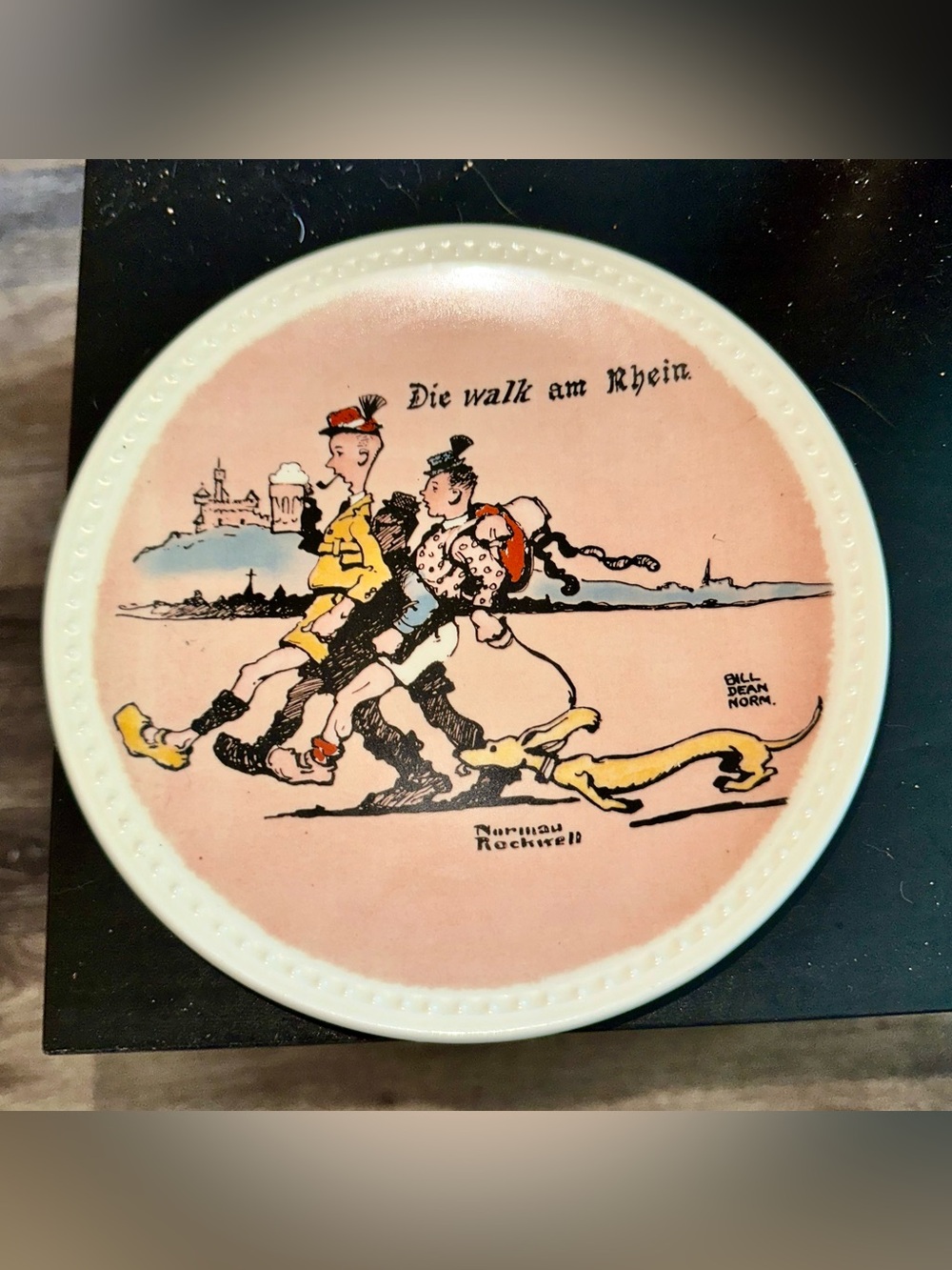Norman Rockwell Pink Illustrated Walking Scene Plate with German Travelers